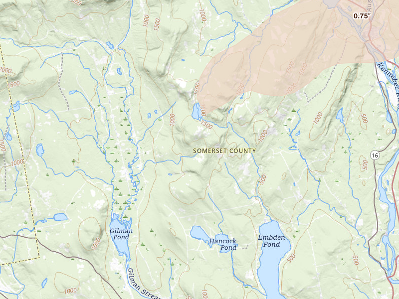 Radar-estimated hail-size map of the storm over New Portland, ME on Jul 22, 2026