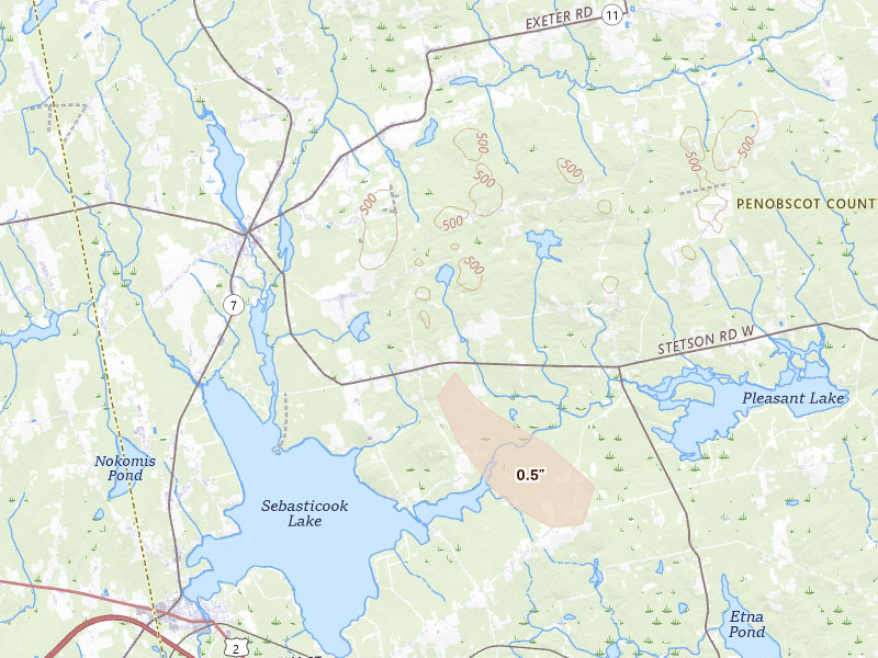 Radar-estimated hail-size map of the storm over Newport, ME on Aug 13, 2026