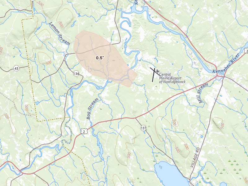 Radar-estimated hail-size map of the storm over Norridgewock, ME on Aug 13, 2026