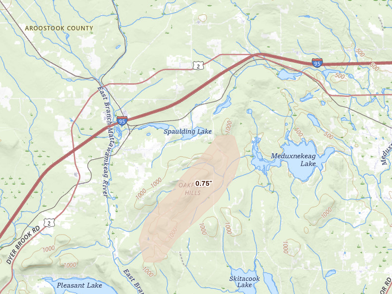 Radar-estimated hail-size map of the storm over Oakfield, ME on Mar 24, 2026