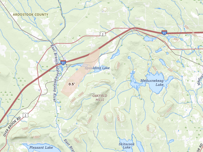 Radar-estimated hail-size map of the storm over Oakfield, ME on Apr 8, 2026