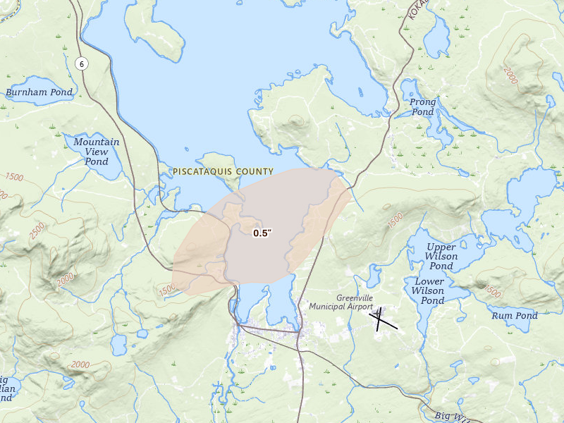 Radar-estimated hail-size map of the storm over Rockwood, ME on Aug 28, 2026