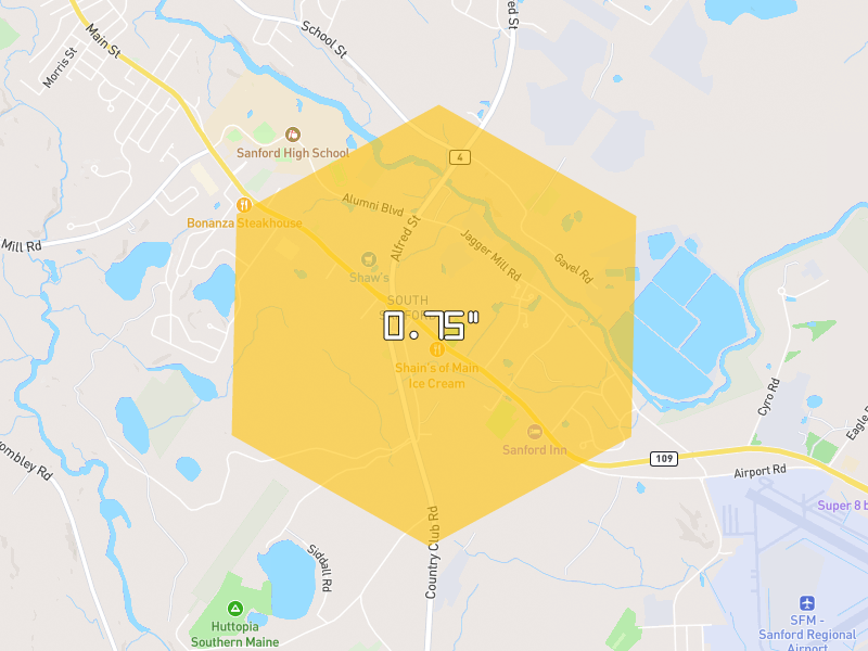 Hail map of Sanford, ME on Jul 22, 2026, hail up to 0.75"