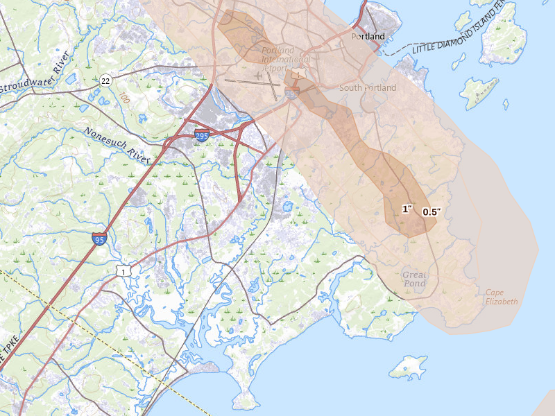 Radar-estimated hail-size map of the storm over Scarborough, ME on Aug 13, 2026