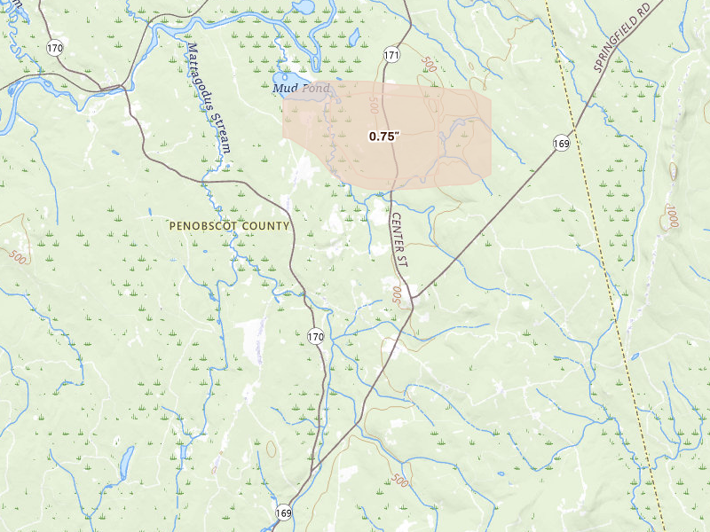 Radar-estimated hail-size map of the storm over Springfield, ME on Jan 18, 2026