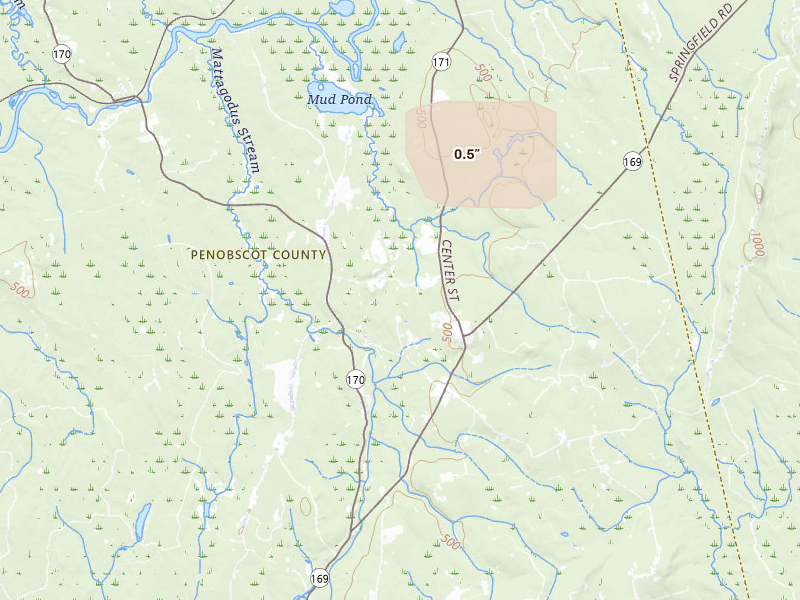 Radar-estimated hail-size map of the storm over Springfield, ME on Mar 16, 2026
