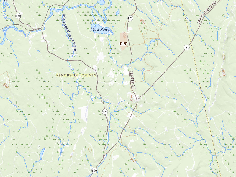 Radar-estimated hail-size map of the storm over Springfield, ME on May 16, 2026
