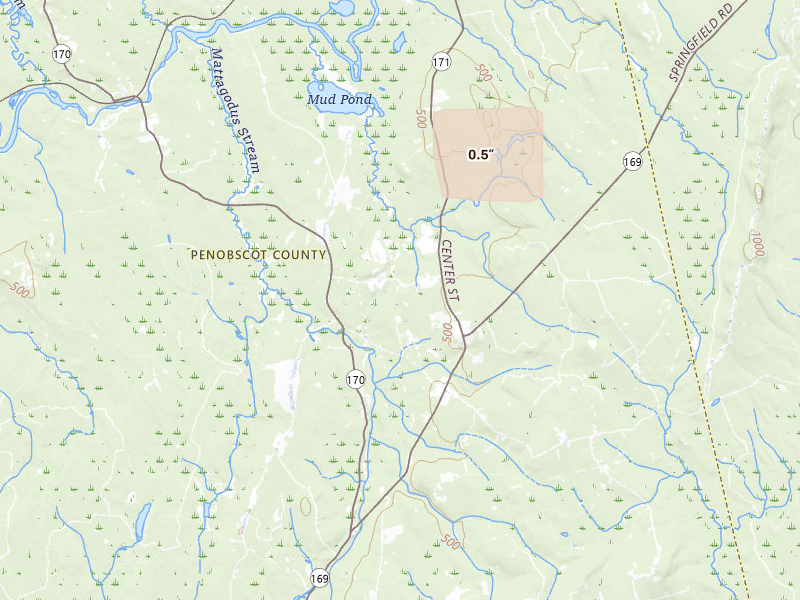 Radar-estimated hail-size map of the storm over Springfield, ME on Jun 19, 2026