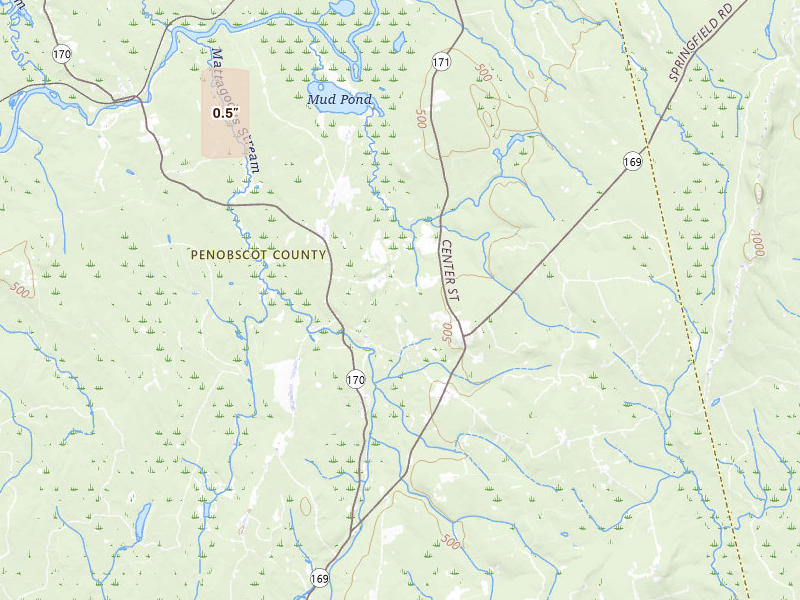Radar-estimated hail-size map of the storm over Springfield, ME on Jul 19, 2026
