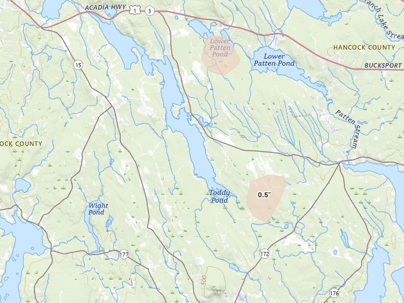 Radar-estimated hail-size map of the storm over Surry, ME on Jun 21, 2026