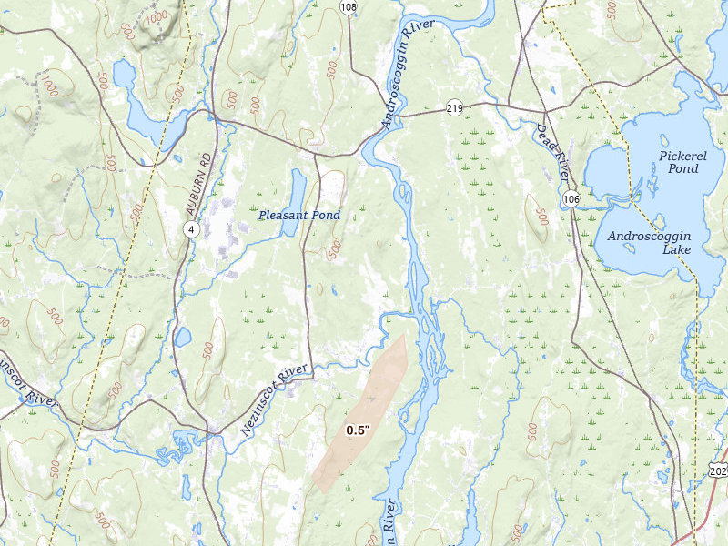 Radar-estimated hail-size map of the storm over Turner, ME on Apr 1, 2026