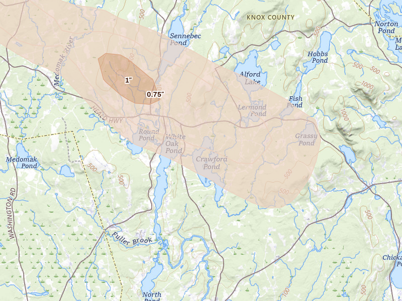 Radar-estimated hail-size map of the storm over Union, ME on Aug 13, 2026