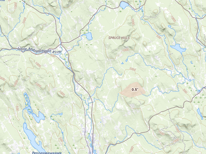 Radar-estimated hail-size map of the storm over West Paris, ME on Jul 9, 2026
