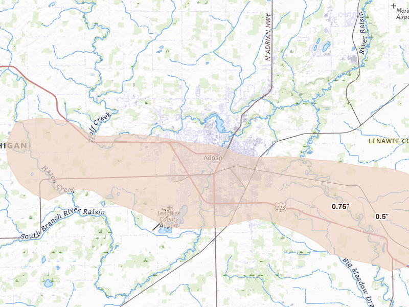 Radar-estimated hail-size map of the storm over Adrian, MI on Mar 26, 2026