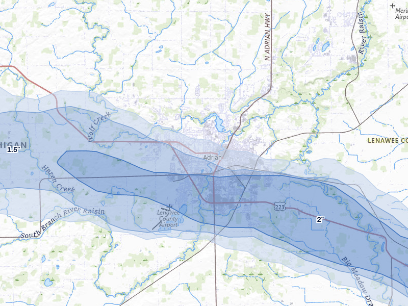 NEXRAD radar-signature map of the hail over Adrian, MI
