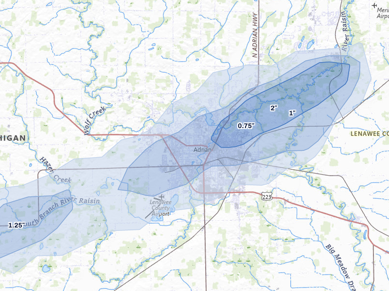 NEXRAD radar-signature map of the hail storm over Adrian, MI on May 4, 2026