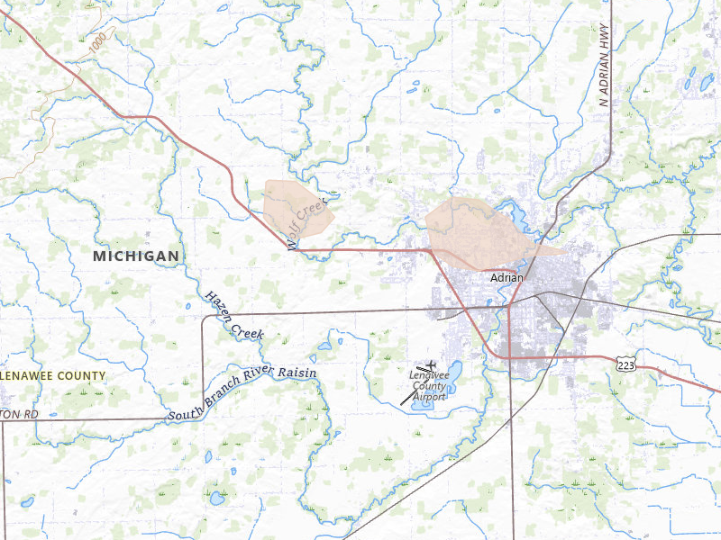 Radar-estimated hail-size map of the storm over Adrian, MI on Aug 10, 2026