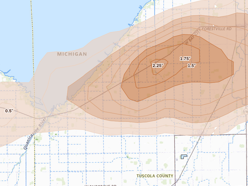 Radar-estimated hail-size map of the storm over Akron, MI on May 17, 2026