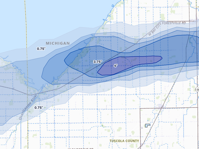 NEXRAD radar-signature map of the hail storm over Akron, MI on May 17, 2026