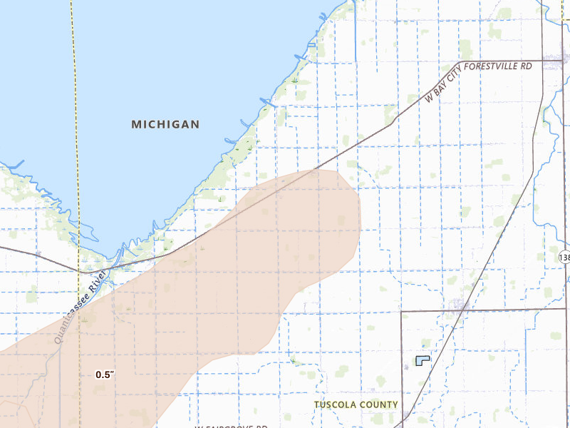 Radar-estimated hail-size map of the storm over Akron, MI on Jun 10, 2026