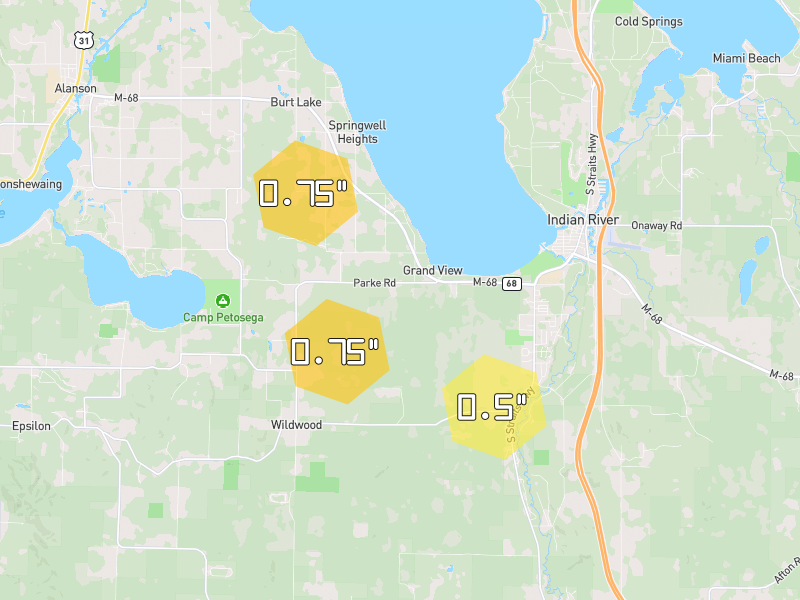 Hail map of Alanson, MI on Jul 13, 2026, hail up to 0.75"