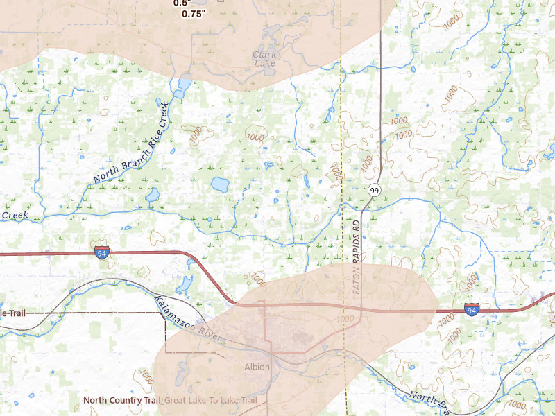 Radar-estimated hail-size map of the storm over Albion, MI on Jul 3, 2026