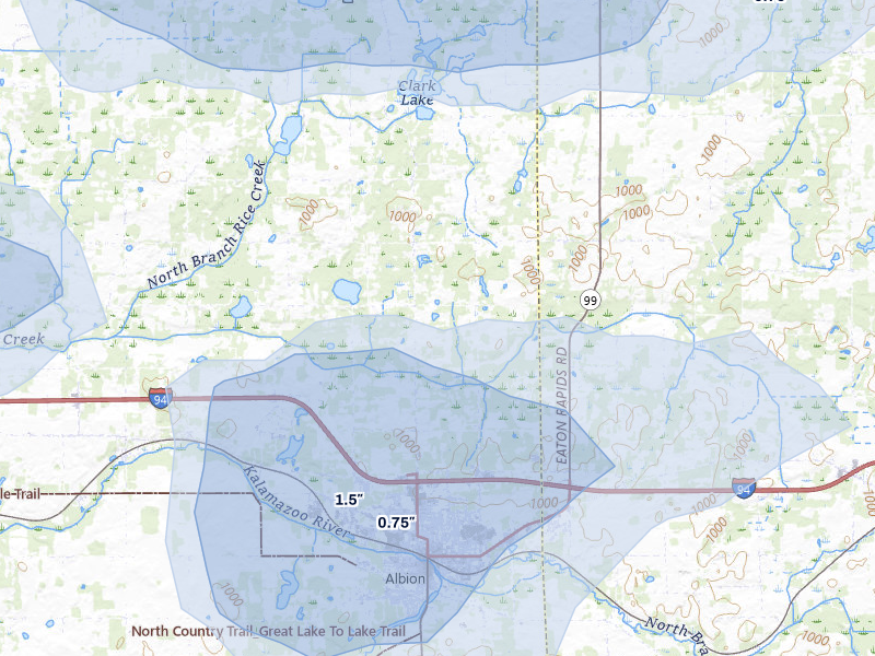 NEXRAD radar-signature map of the hail storm over Albion, MI on Jul 3, 2026