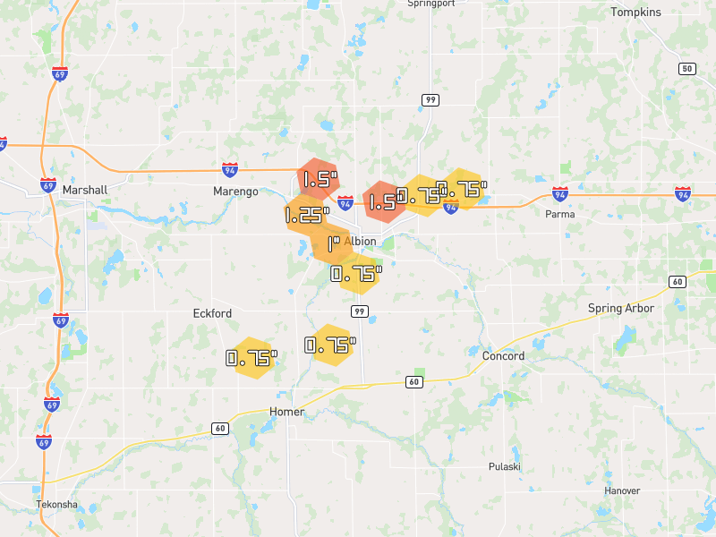 Hail map of Albion, MI on Jul 3, 2026, hail up to 1.5"