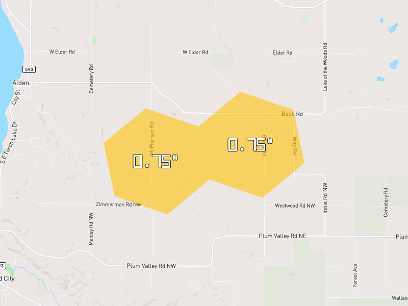 Hail map of Alden, MI on Jul 1, 2026, hail up to 0.75"