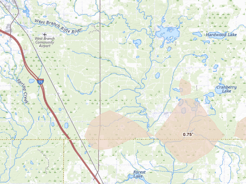 Radar-estimated hail-size map of the storm over Alger, MI on Mar 30, 2026
