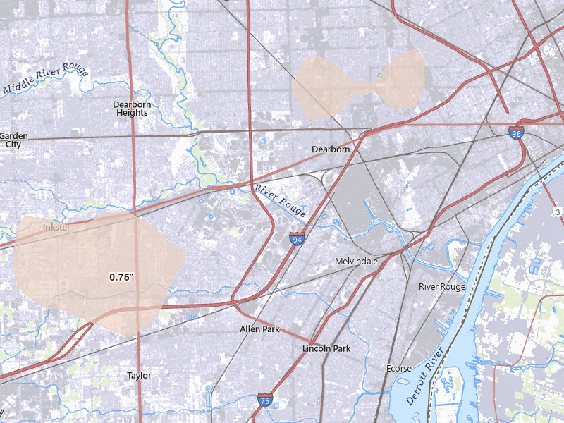 Radar-estimated hail-size map of the storm over Allen Park, MI on Jun 10, 2026