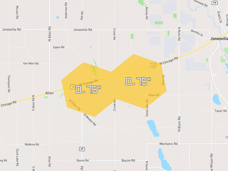 Hail map of Allen, MI on Jul 3, 2026, hail up to 0.75"