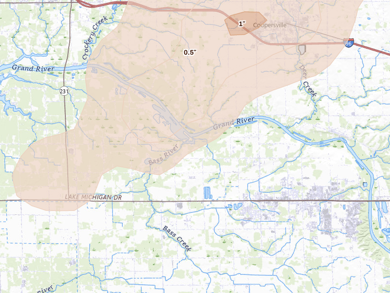Radar-estimated hail-size map of the storm over Allendale, MI on Apr 14, 2026