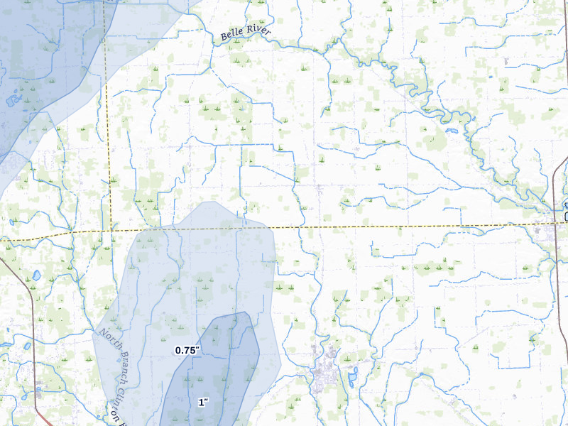 NEXRAD radar-signature map of the hail storm over Allenton, MI on May 18, 2026