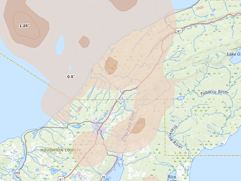 Radar-estimated hail-size map of the storm over Allouez, MI on Jul 12, 2026