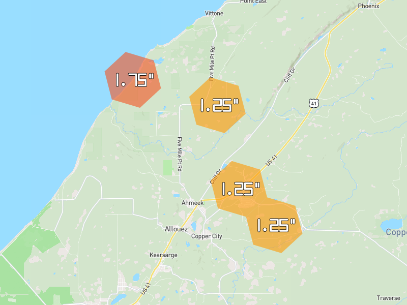 Hail map of Allouez, MI on Jul 12, 2026, hail up to 1.75"