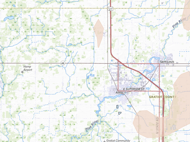 Radar-estimated hail-size map of the storm over Alma, MI on Sep 3, 2026