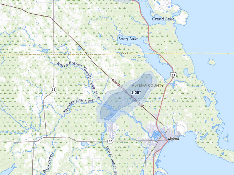 NEXRAD radar-signature map of the hail storm over Alpena, MI on May 18, 2026