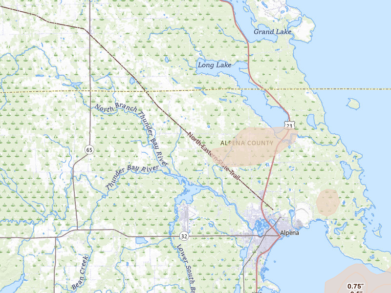 Radar-estimated hail-size map of the storm over Alpena, MI on Jul 1, 2026