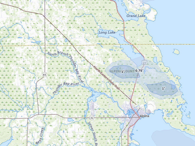 NEXRAD radar-signature map of the hail storm over Alpena, MI on Jul 1, 2026