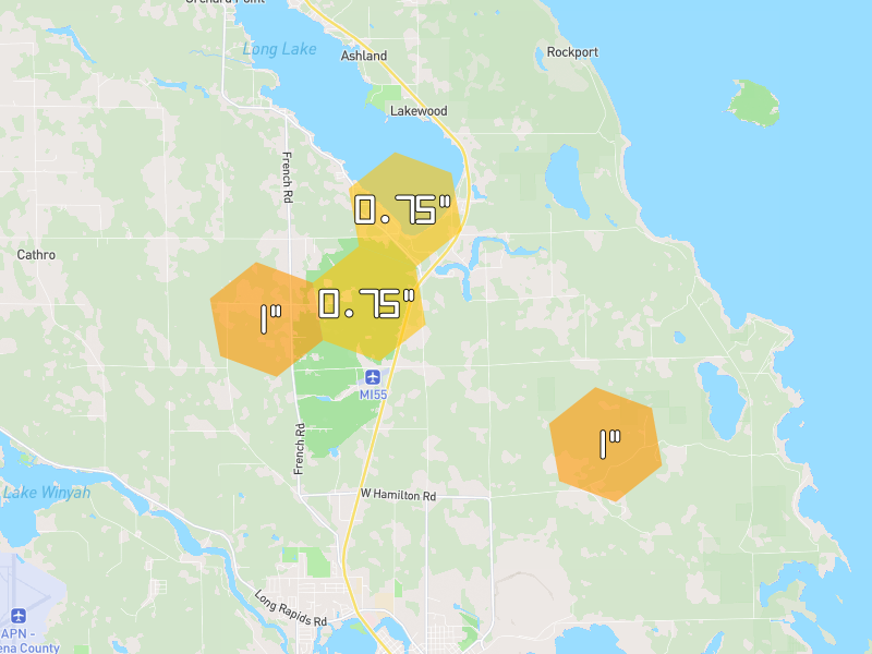 Hail map of Alpena, MI on Jul 1, 2026, hail up to 1"