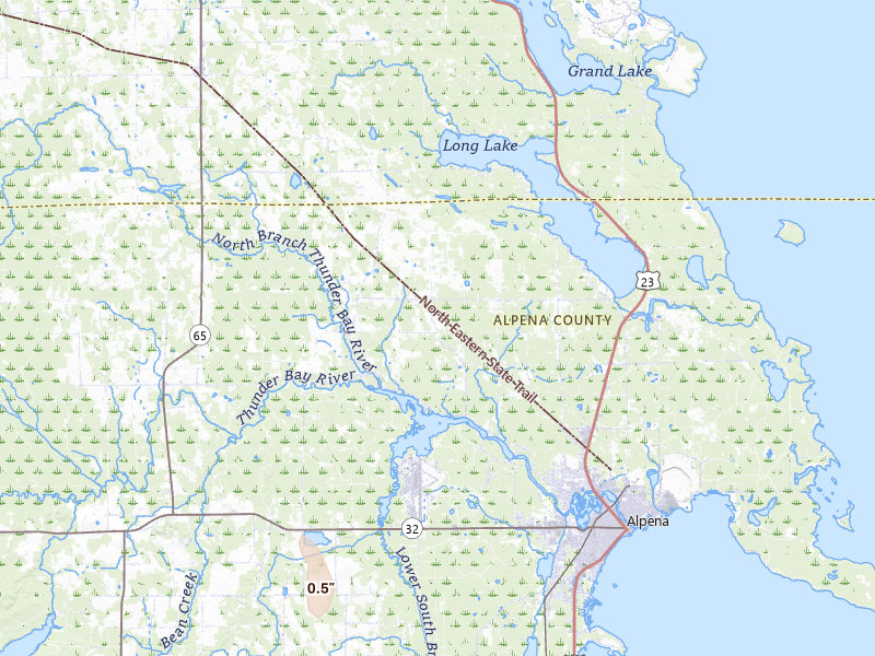 Radar-estimated hail-size map of the storm over Alpena, MI on Jul 10, 2026