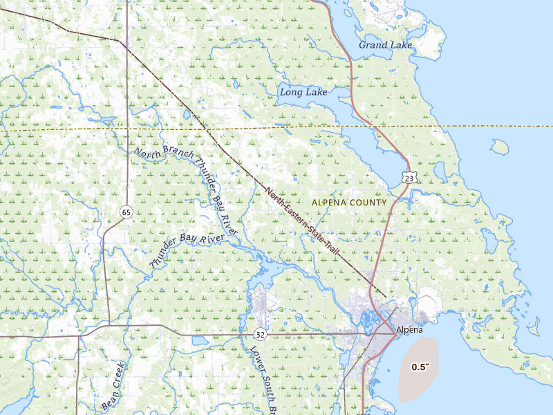 Radar-estimated hail-size map of the storm over Alpena, MI on Jul 16, 2026
