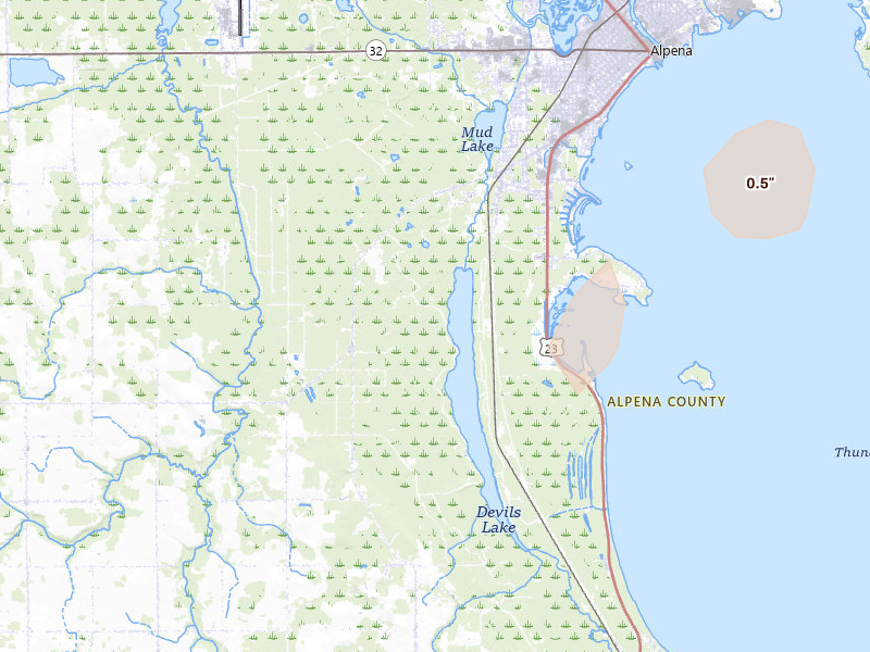 Radar-estimated hail-size map of the storm over Alpena, MI on Aug 12, 2026