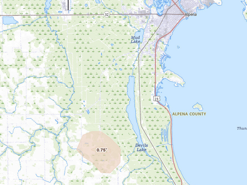 Radar-estimated hail-size map of the storm over Alpena, MI on Sep 2, 2026