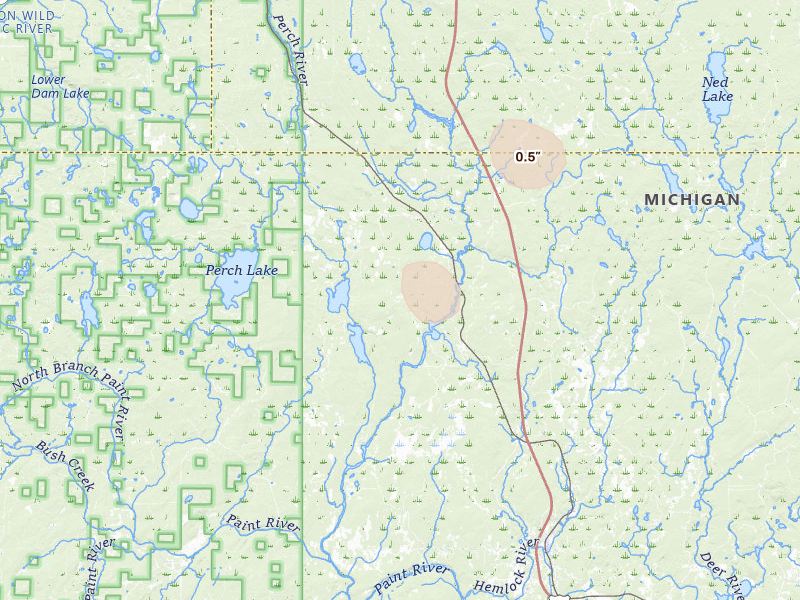 Radar-estimated hail-size map of the storm over Amasa, MI on May 17, 2026