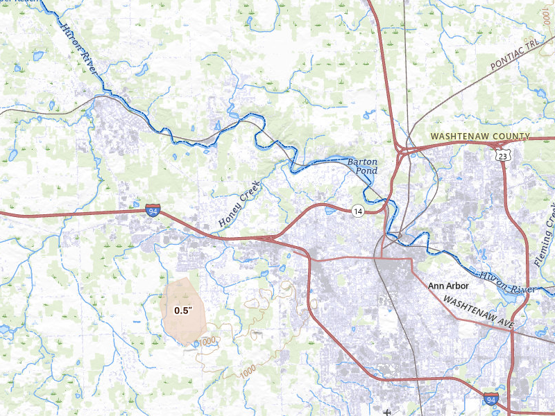 Radar-estimated hail-size map of the storm over Ann Arbor, MI on Mar 6, 2026