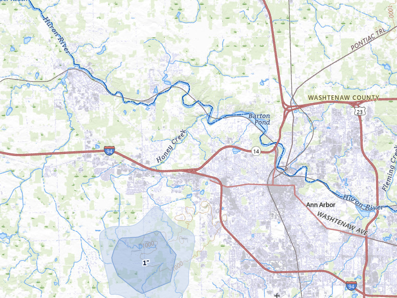 NEXRAD radar-signature map of the hail storm over Ann Arbor, MI on Mar 6, 2026