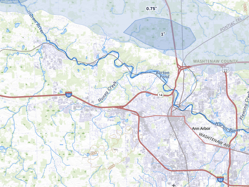 NEXRAD radar-signature map of the hail storm over Ann Arbor, MI on Mar 30, 2026