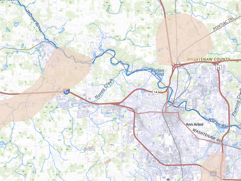 Radar-estimated hail-size map of the storm over Ann Arbor, MI on Jul 3, 2026